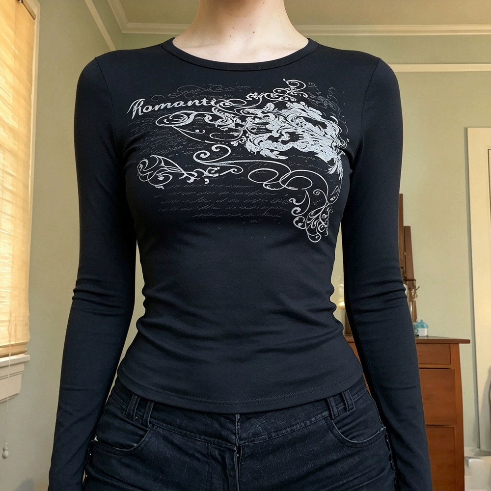 Zara New Dark Retro Print Long Sleeve Crew Neck Casual Punk Tee